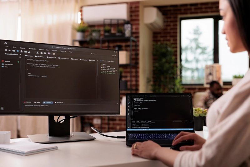 Woman coding on laptop and desktop monitor, Java training program interface visible.