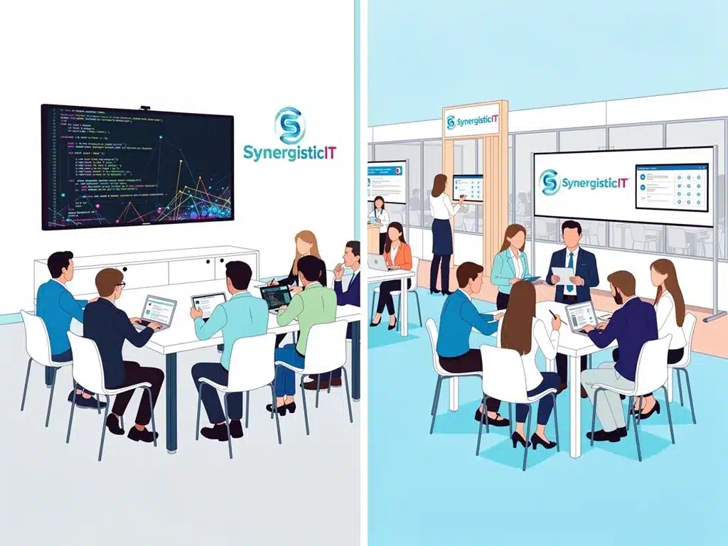 SynergisticIT staffing and training event with developers, clients, and technology displays.