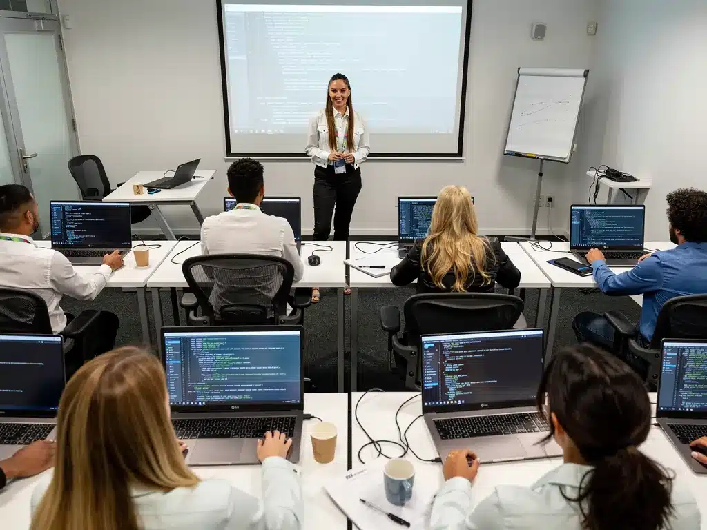 IT training session with laptops and instructor, showcasing SynergisticIT's job placement program.
