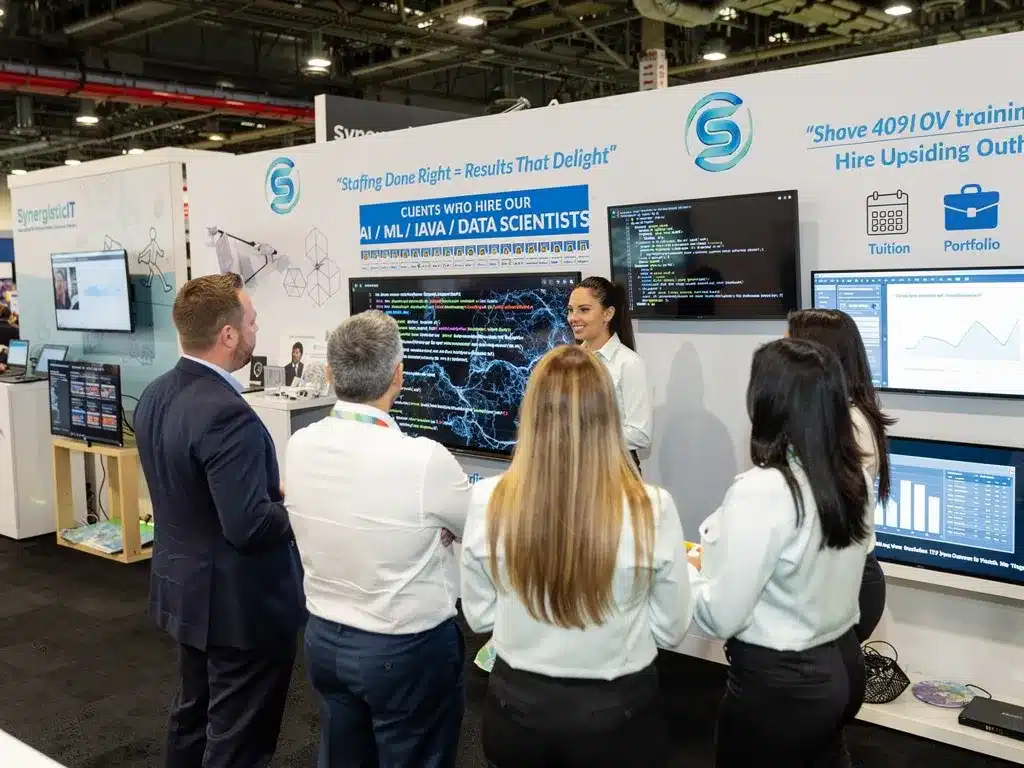 SynergisticIT booth at tech conference showcasing AI, ML, Java, and data scientists staffing solutions.