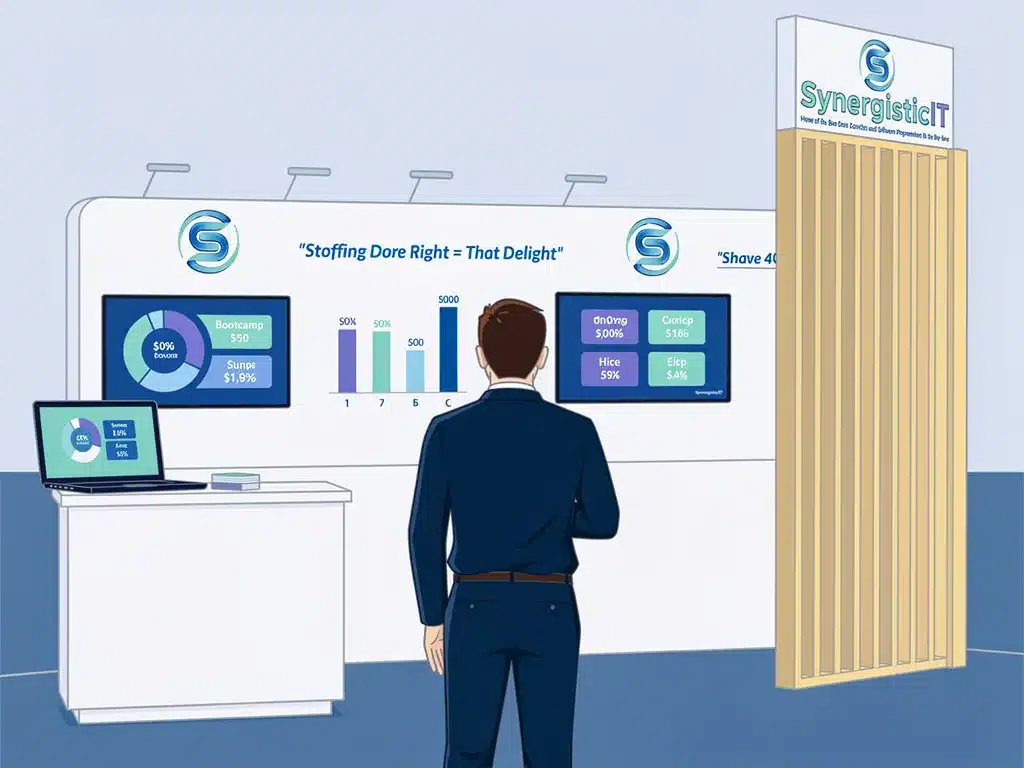 SynergisticIT staffing and training exhibit showcasing data charts and a laptop, highlighting job placement solutions.
