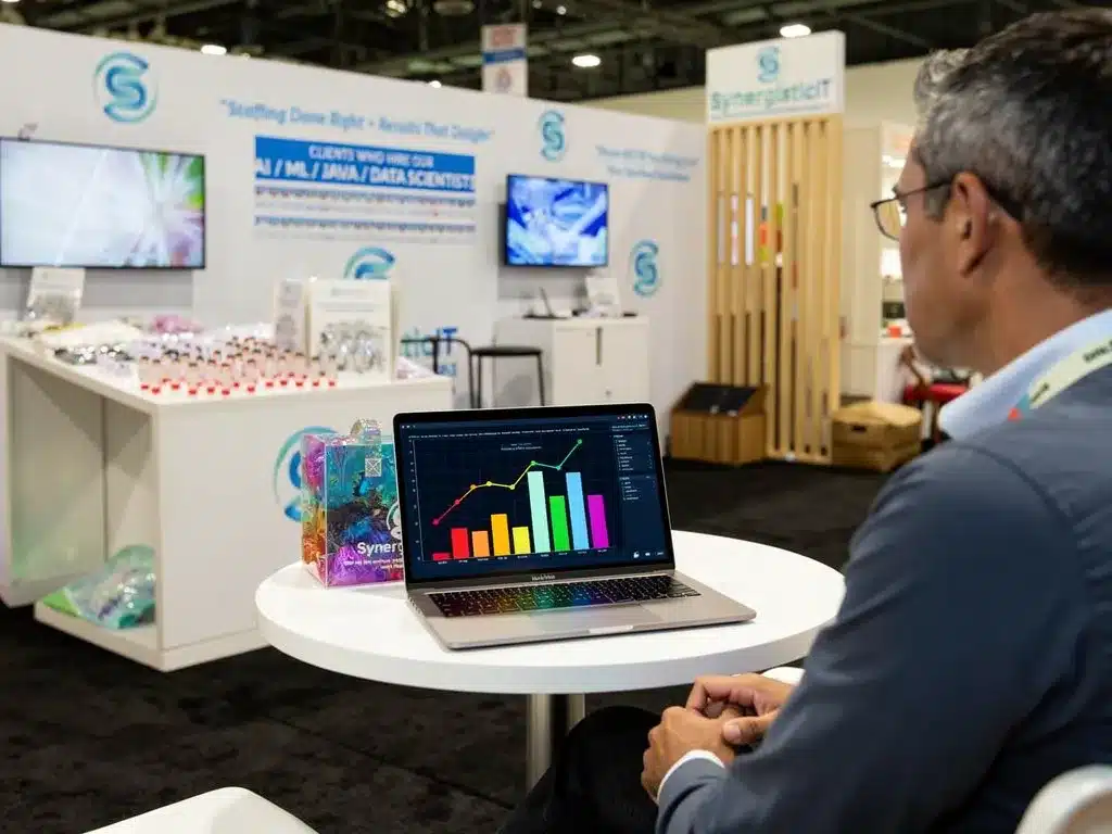 SynergisticIT booth at conference, man reviewing data visualization on laptop, showcasing AI/ML/Java/Data Scientist clients.