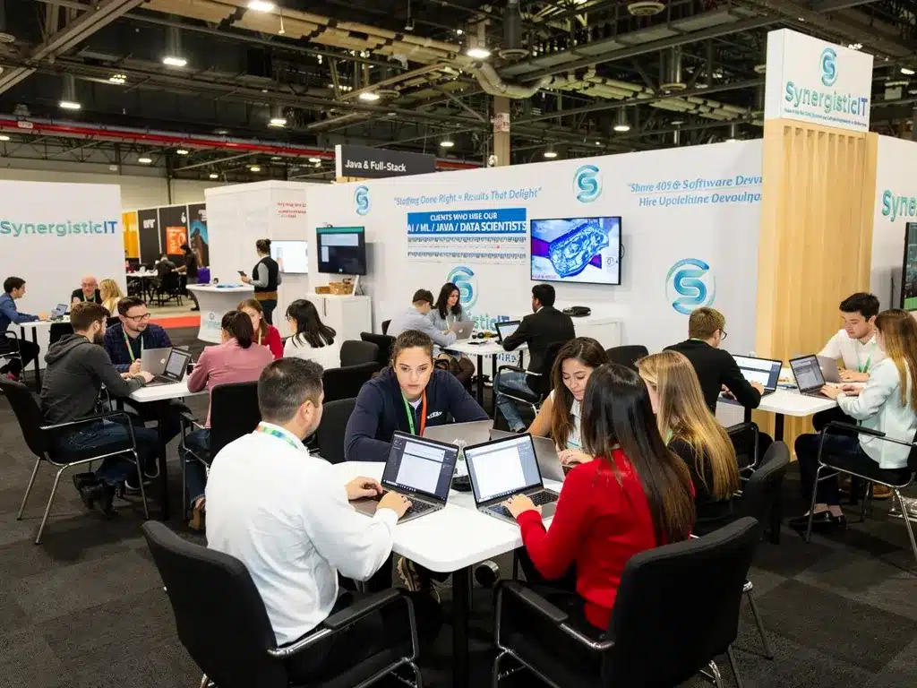 SynergisticIT booth at tech conference showcasing Java and Full-Stack development, data scientists, and career opportunities.