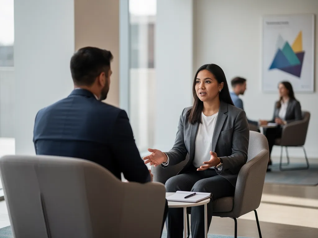 Candidate practicing a confident interview answer with a coach