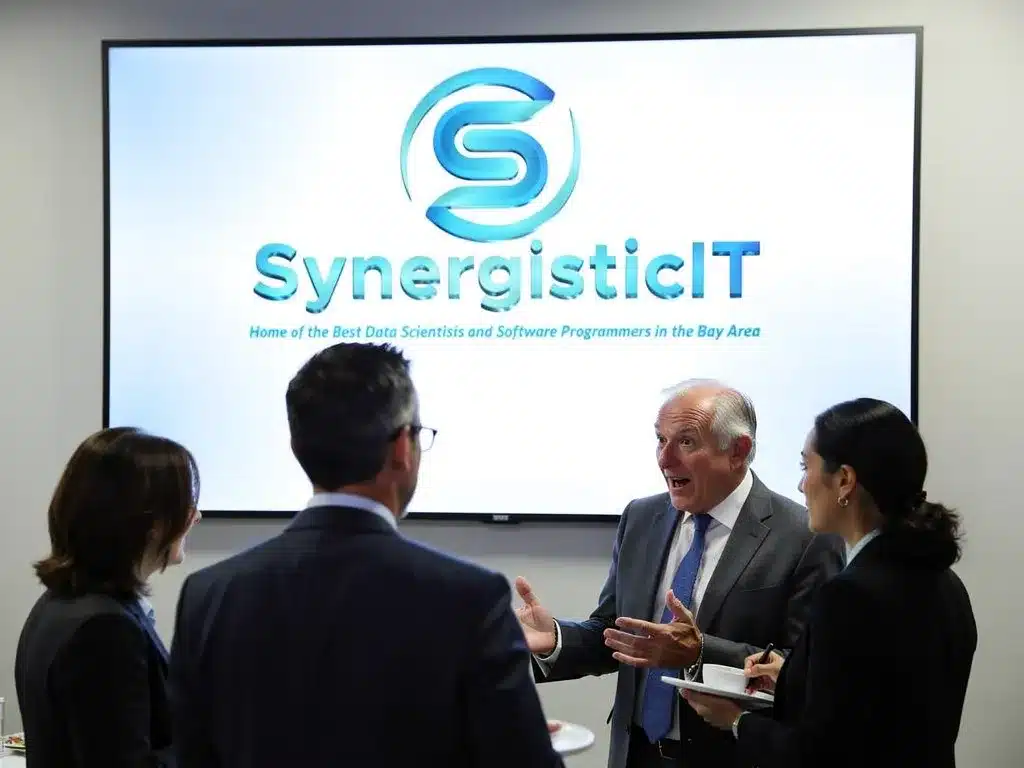 Confident senior software engineer presenting project work to interviewers