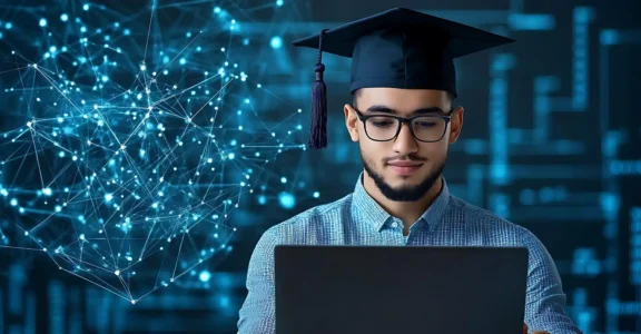Computer science graduate with graduation cap and laptop, illustrating tech skills and job placement programs.